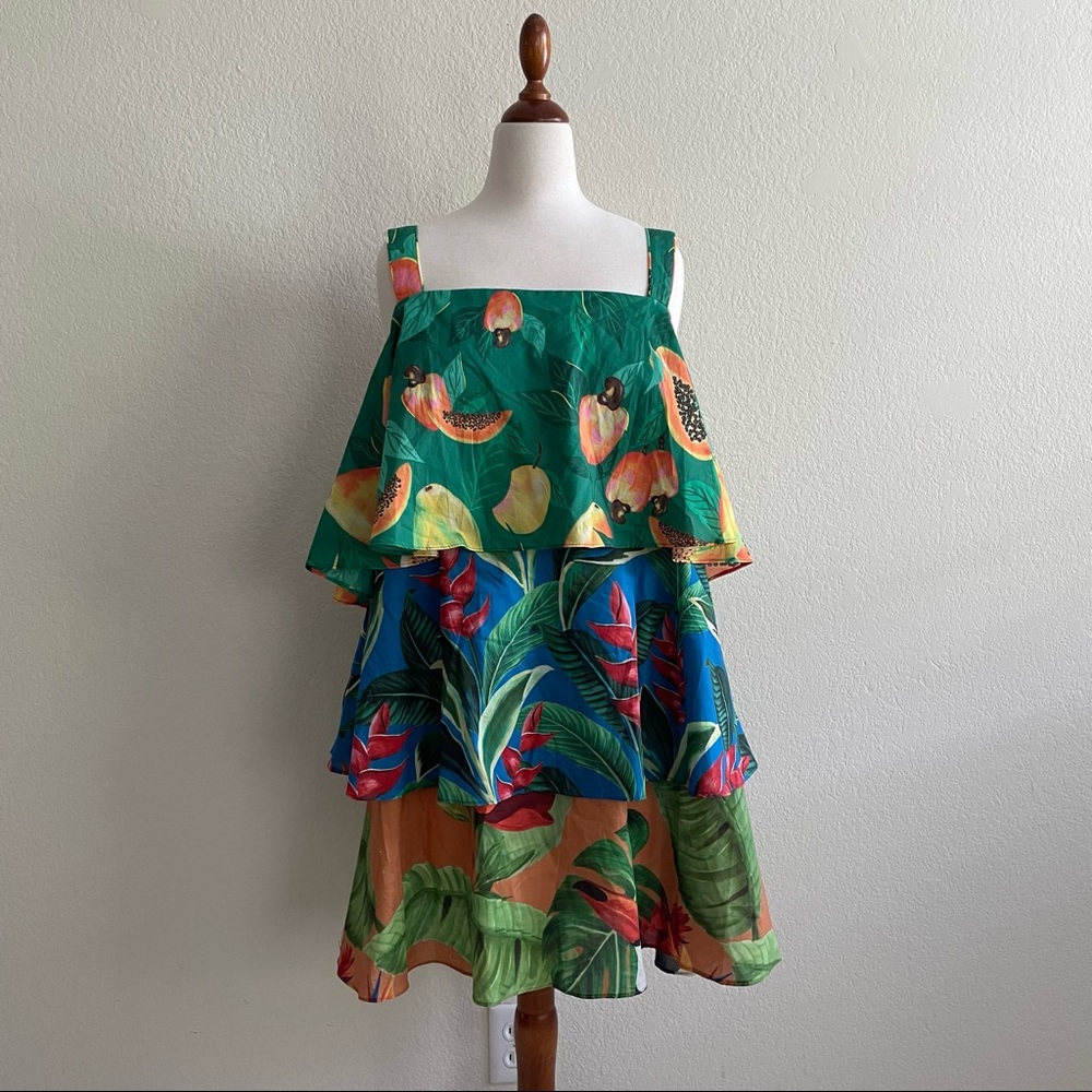FARM RIO multicolor fruits and flowers mixed prints layered mini dress